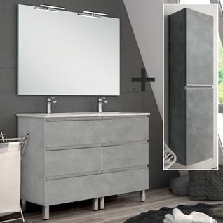 Meuble De Salle De Bain 120cm Double Vasque + Colonne De Rangement Palma - Ciment (gris)