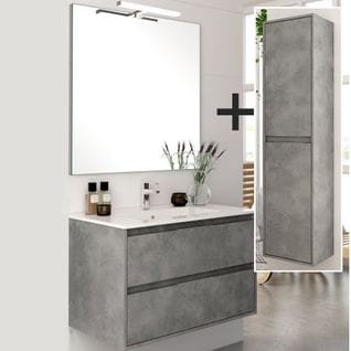 Meuble De Salle De Bain 80cm Simple Vasque + Colonne De Rangement Iris - Ciment (gris)