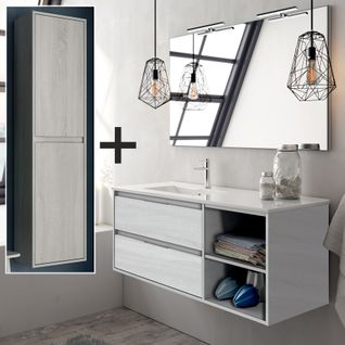 Meuble De Salle De Bain 120cm Vasque Déportée + Colonne De Rangement Olympe - Bois Blanchi