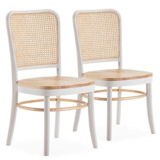 Pack De 2 Chaises Vesta Couleur Blanc/chêne, Bois Massif Et Rotin Naturel