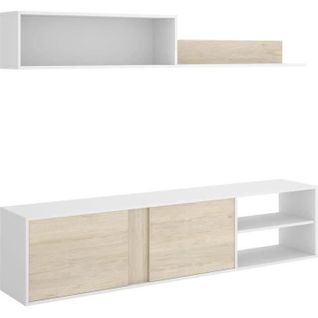 Ensemble De Salon Atlanta Meuble TV Avec Étagère Murale - L180 Cm - Blanc Et Chêne