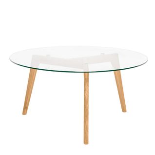 Grande Table Basse Avec Pieds En Chêne Et Plateau En Verre.