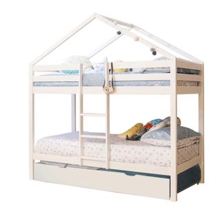 Lit Superposé Cabane + Lit Pieds Pliants Bois Blanc 90x190/90x190cm