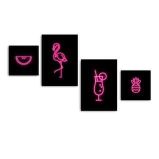 Lot De 4 Tableaux Encadrés En Noir Pictor L136xh75cm Motif Flamant Rose, Cocktail Et Fruits Rose Néo