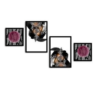 Set De 4 Tableaux Avec Cadre Noir Huang Motif Boho