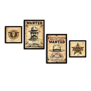 Set De 4 Tableaux Avec Cadres En Bois Noir Wayne Motif 'western' Noir, Rouge Et Marron