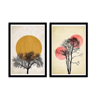 Lot De 2 Tableaux Encadrée En Noir Pictor L74xh51cm Motif Cercle Et Arbre, Art Nordique Multicolore