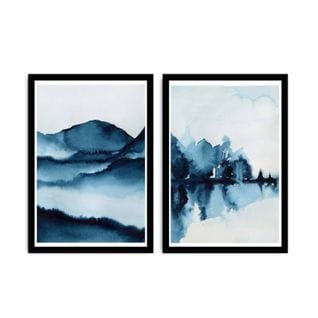 Lot De 2 Tableaux Encadrée En Noir Pictor L74xh51cm Motif Montagnes En Aquarelle, Nuance De Bleu