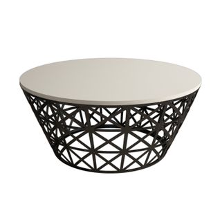 Table Basse Ovale Ellipticum Support Grille Conique Bois Blanc Crème Et Métal Noir