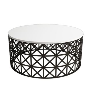 Table Basse Ronde Ellipticum D90cm Support Grille Ajouré Bois Blanc Et Métal Noir