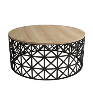 Table Basse Ronde Ellipticum D90cm Support Grille Ajouré Bois Chêne Clair Et Métal Noir