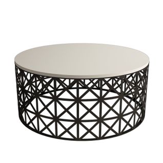 Table Basse Ovale Ellipticum Support Grille Ajouré Bois Blanc Crème Et Métal Noir