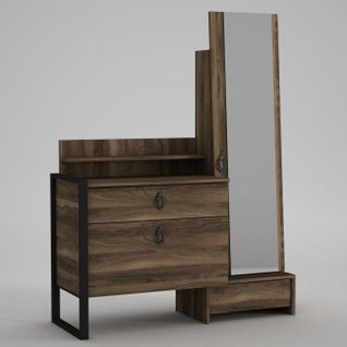 Coiffeuse Design Avec Miroir, 2 Tiroirs Et 1 Porte Basculante L124cm Bois Foncé Et Métal Noir