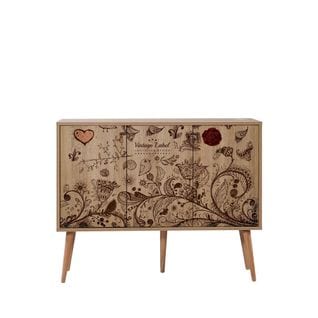 Buffet 3 Portes Soho 120x90cm Motif Oiseau Et Fleurs Bois Naturel Et Marron