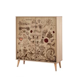 Buffet 4 Portes Soho 95x111cm Motif Oiseaux Et Fleurs Bois Naturel Et Marron