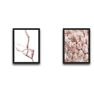 Lot De 2 Tableaux Duo L30xh40cm Motif Bouquet De Roses Et Verre De Rosé