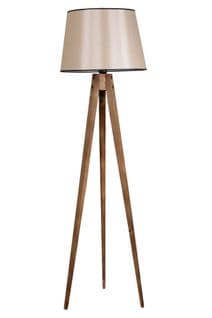 Lampadaire Trépied Lunctaro H160cm Bois Foncé Et Tissu Beige Brillant