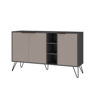 Buffet Bas 3 Portes Et 3 Étagères Ginda 142cm Bois Moka Et Anthracite Et Métal Noir