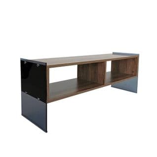 Meuble TV 2 Étagères Doris L120xh35cm Bois Foncé Et Verre Trempé Fumé Noir