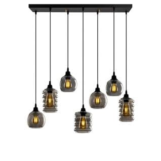 Suspension 7 Lampe Boules et Tubes Alignés Saccade Mervin 85cm Métal Noir Et Verre Fumé