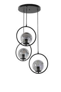 Suspension 3 Lampes Cerclées Escalier Radrana D30cm Verre Gris Fumé Et Métal Noir