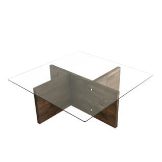 Table Basse Design Carré Enatone 90cm Pin Massif Foncé Et Verre Transparent