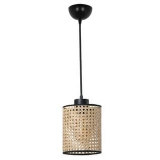 Suspension Cannage 1 Lumière Colca D15cm Métal Noir Et Rotin Beige