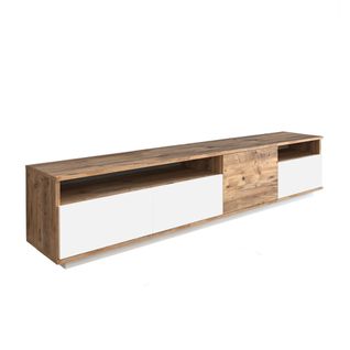 Meuble TV 2 Étagères Et 4 Portes Battantes Ceramno 180cm Bois Naturel Et Blanc