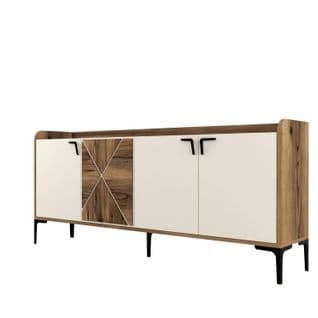 Buffet Bas 4 Portes Zenger 180cm Bois Naturel Et Blanc Crème Et Métal Noir