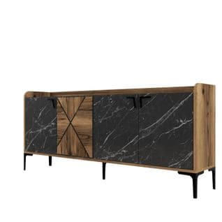 Buffet Bas 4 Portes Zenger 180cm Bois Naturel Et Noir Effet Marbre Et Métal Noir