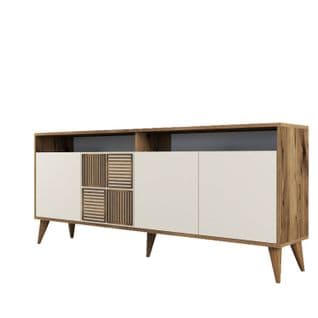 Buffet Bas 4 Portes Et 2 Niches De Rangement Kaltes L180cm Bois Foncé Et Beige