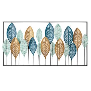 Décoration Murale Feuilles Myrtil L115xh60cm Métal Vert, Bleu Et Or