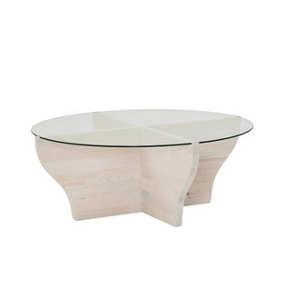 Table Basse Design Ronde Rozine D92cm Bois Massif Blanc Et Verre Transparent