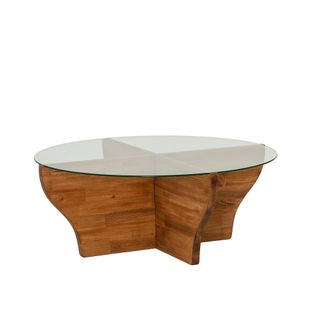 Table Basse Design Ronde Rozine D92cm Bois Massif Foncé Et Verre Transparent