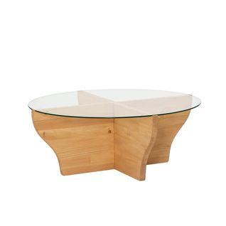 Table Basse Design Ronde Rozine D92cm Bois Massif Clair Et Verre Transparent
