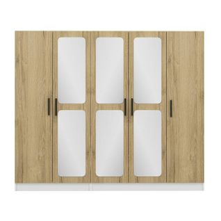 Armoire 5 Portes Et 6 Miroirs Bangka L225xh190cm Bois Clair Et Blanc