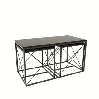 Set De 3 Tables Basses Gigognes Style Industriel Langkawa Métal Noir Et Bois Anthracite