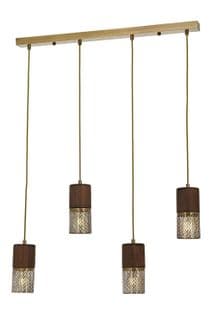 Suspension 4 Lampes Linéaires Sadan L80cm Bois Foncé Et Métal Or Antique