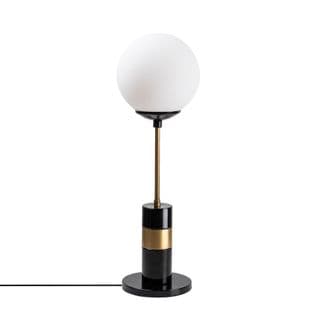 Lampe à Poser Moderne Esace Abat-jour Boule Blanc Opaque Et Métal Noir Et Or