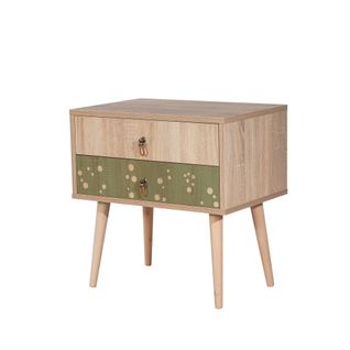 Table De Chevet 2 Tiroirs Sleek Bois Motif Bulles Bois Clair Et Vert