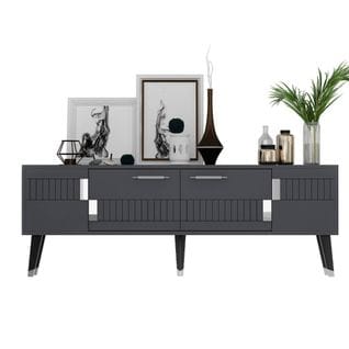 Meuble TV Style Scandinave Jasim 150cm Motif Géométrique Anthracite Et Argent