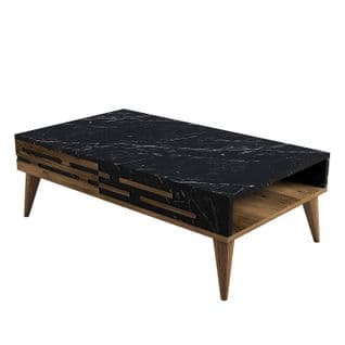 Table Basse Design Oviva L105cm Bois Foncé Et Effet Marbre Noir