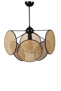 Suspension Style Vintage Avec Cannage Hella D55cm Motif Cercles Rotin Naturel Et Métal Noir