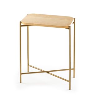Table Basse Rectangulaire Style Industriel Antula 40x26cm Bois Massif Clair Et Métal Or