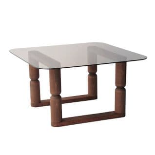 Table Basse Carré Mizdar 80x80cm Bois Massif Foncé Et Verre Fumé