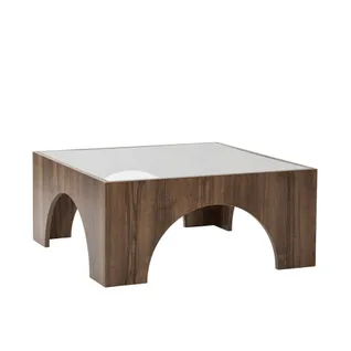 Table Basse Vittina 80x80cm Bois Foncé Et Verre Fumé Gris