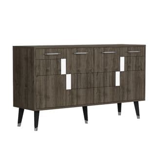 Buffet Style Scandinave Jasim L150cm Motif Géométrique Bois Foncé Et Argent