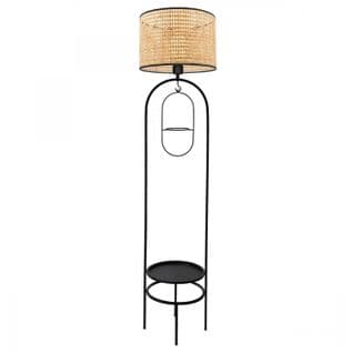 Lampadaire Design LED Avec Table D'appoint Et Porte Pot Intégrés Grimo H145cm Abat Jour à Cannage Ro