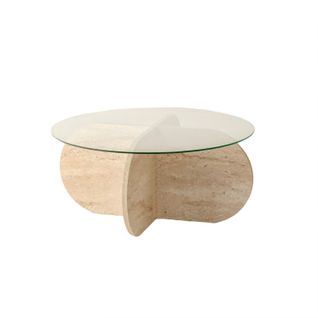 Table Basse Ronde Design Helvya D75cm Verre Transparent Et Effet Travertin Beige