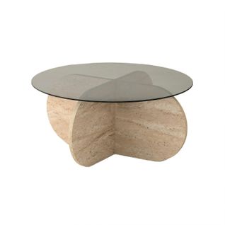 Table Basse Ronde Design Helvya D75cm Verre Fumé Gris Et Effet Travertin Beige